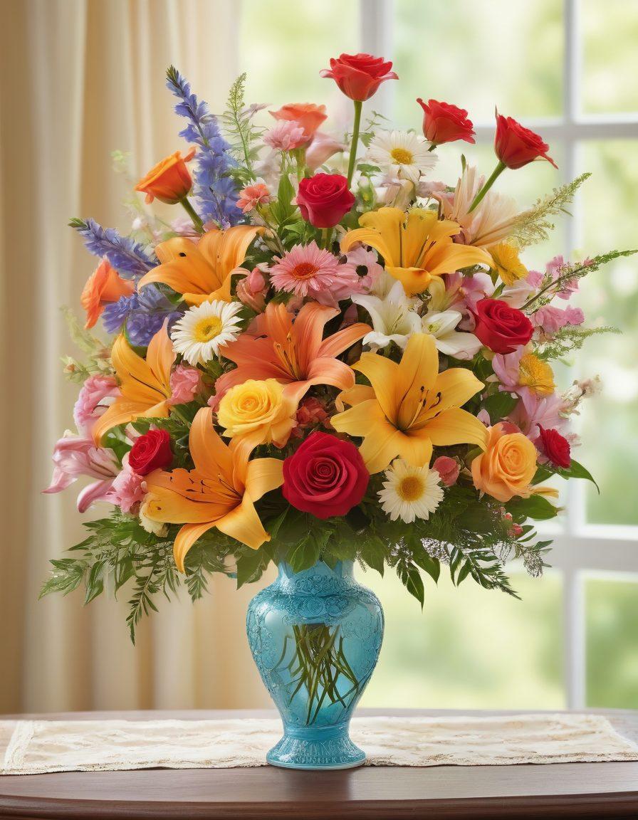 A vibrant and colorful arrangement of various flowers including roses, daisies, and lilies, displayed in an elegant vase. The background features a soft focus of a sunny garden to evoke a feeling of joy and celebration. Include a subtle hint of ribbons and decorative elements around the arrangement to enhance its festive charm. Bright and cheerful atmosphere. super-realistic. vibrant colors. soft focus.