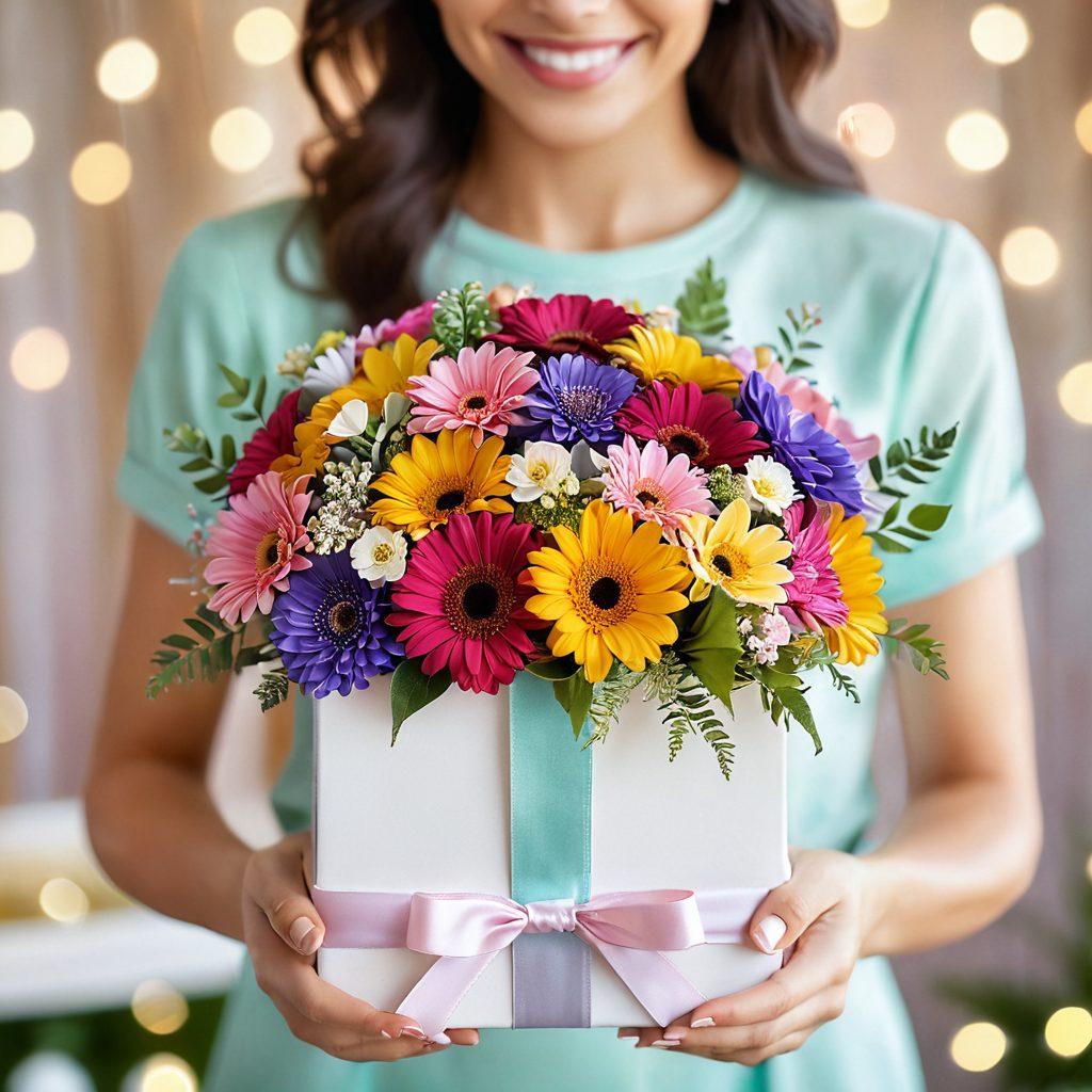 A beautifully arranged bouquet of vibrant flowers in an elegant gift box, surrounded by delicate ribbons and sparkles, symbolizing joy and celebration. The background features soft pastel colors with subtle bokeh lights to create a warm and inviting atmosphere. A pair of hands gently holding the gift, showcasing the act of giving. super-realistic. vibrant colors. soft background.