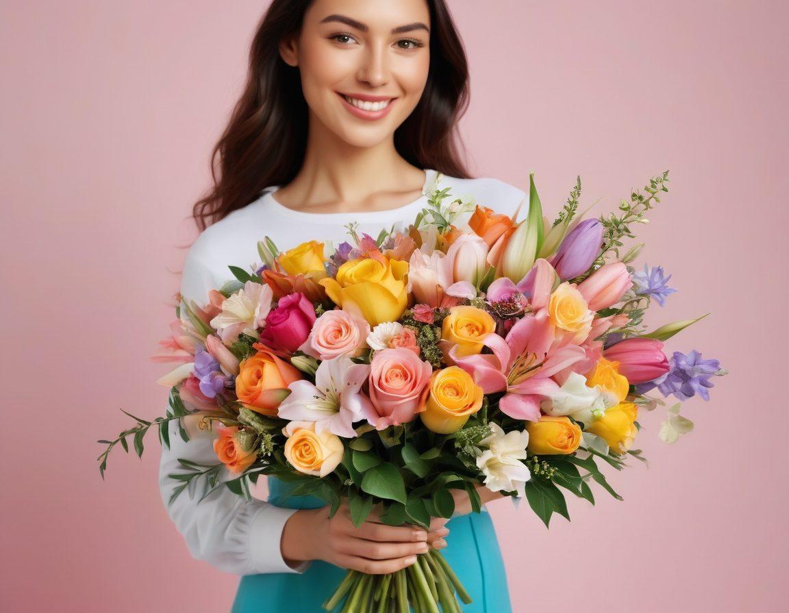 A whimsical scene of beautifully arranged bouquets in various styles, showcasing vibrant flowers like roses, lilies, and tulips, all elegantly packaged for shipment. Include a calming backdrop of a pastel sky with floating petals and a gentle breeze. Emphasize the ease of ordering with a friendly delivery person smiling, holding a bouquet. Elements of joy and celebration for different occasions should be highlighted. vibrant colors. super-realistic.